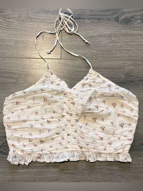 American Eagle Outfitters Tops - American Eagle Outfitters Cotton White Floral Ruched Halter Crop Top